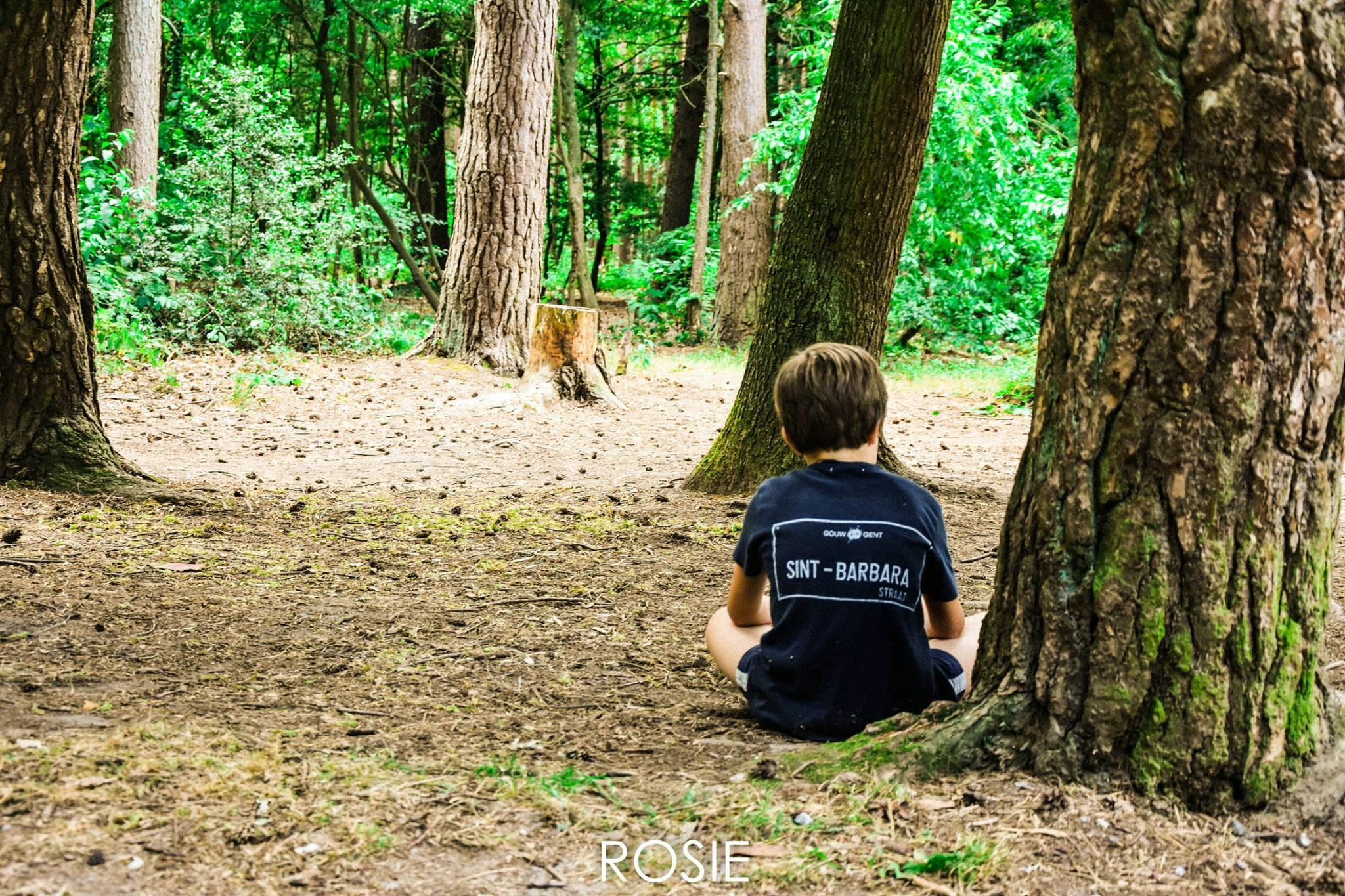 Jongen zit in een bos naast een boom te spelen